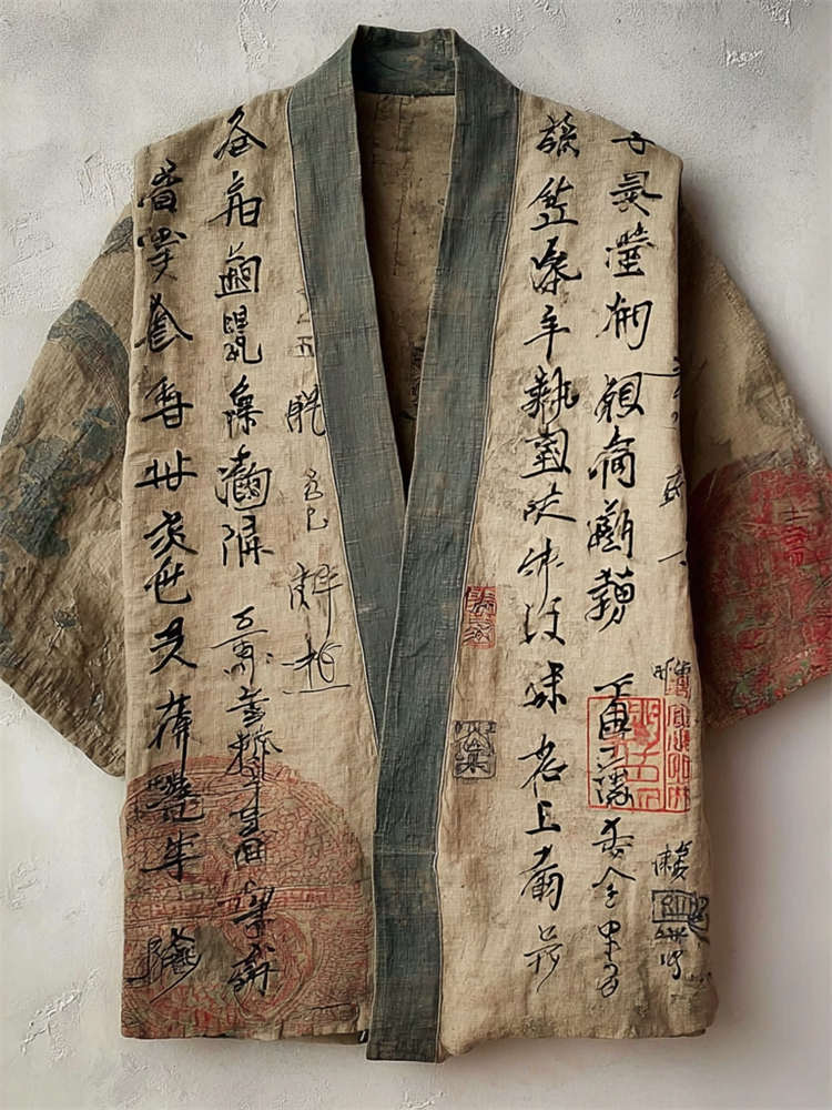 Japanese Ancient Calligraphy Art Linen Kimono Cardigan - Khaki