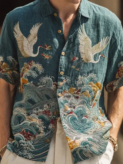 Men's Japanese Waves & Cranes Embroidered Comfy Linen Shirt - Blue