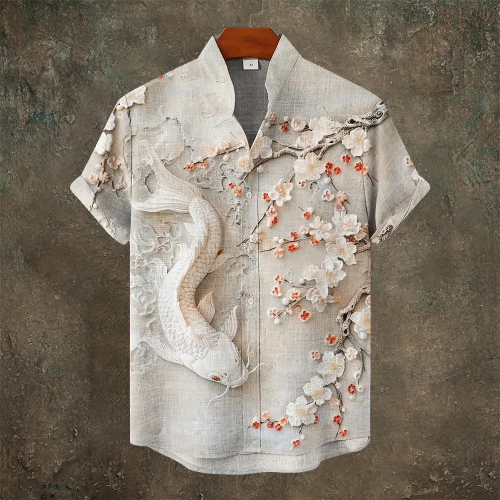 Japanese 3d Carp & Flower Men's Linen Short Sleeve Shirt - Beige