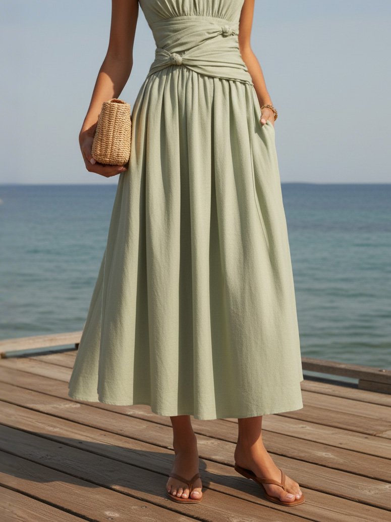 Maxi Linen Dress, Sleeveless, Round Neck, Plain, French Vintage, Green - Green