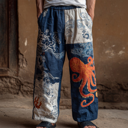 Men's Retro Japanese Art Ocean Octopus Print Casual Pants - Navy blue