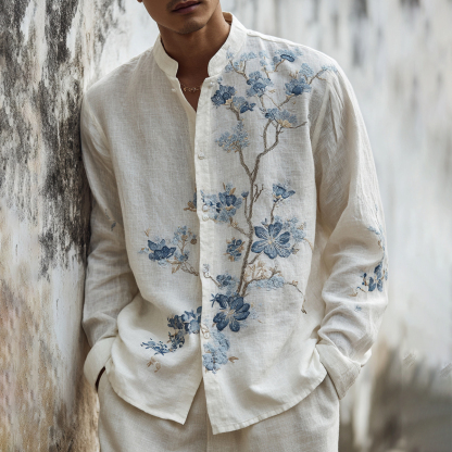 Men's Japanese-style Floral Art Casual Shirt - White