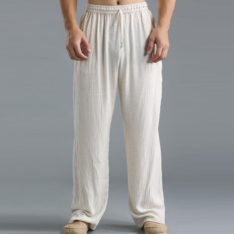 Men'S Vintage Drawstring Casual Cotton Linen Pants - Black