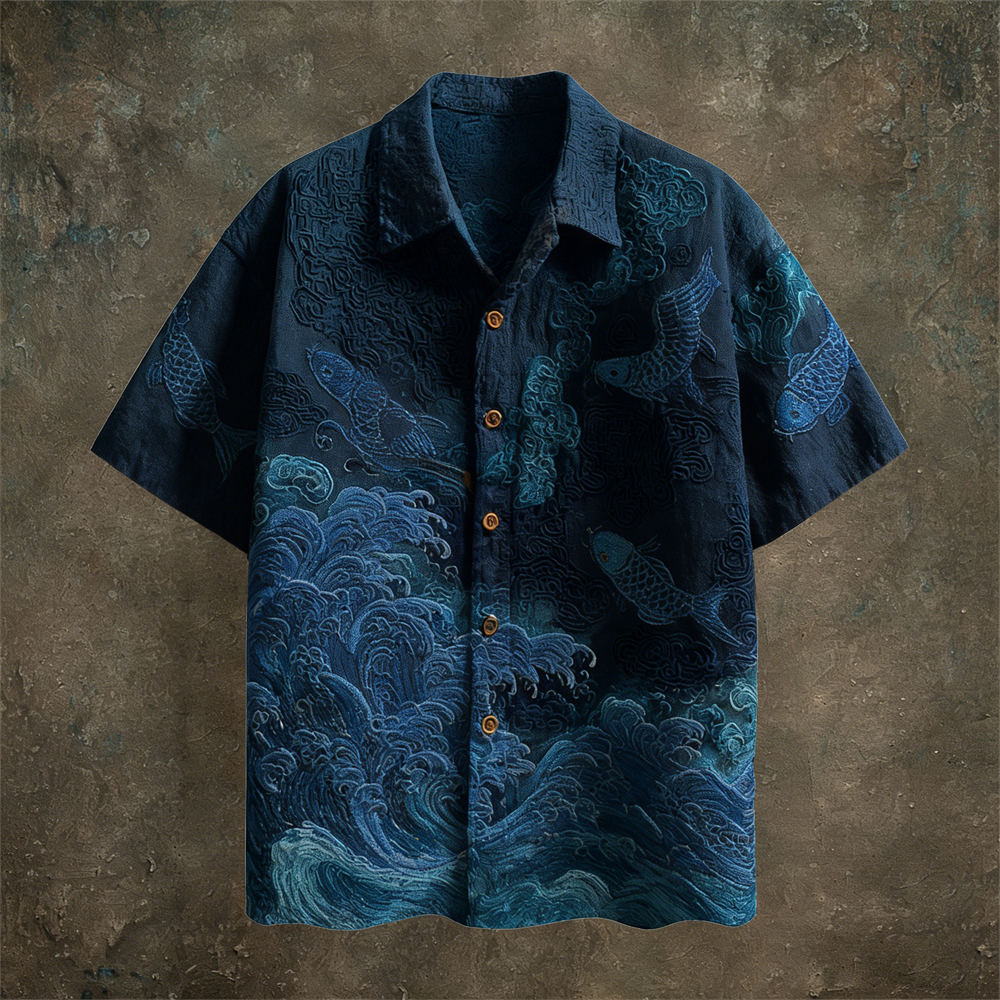 Japanese Sea Animal Pattern Linen Short Sleeve Shirt - Blue