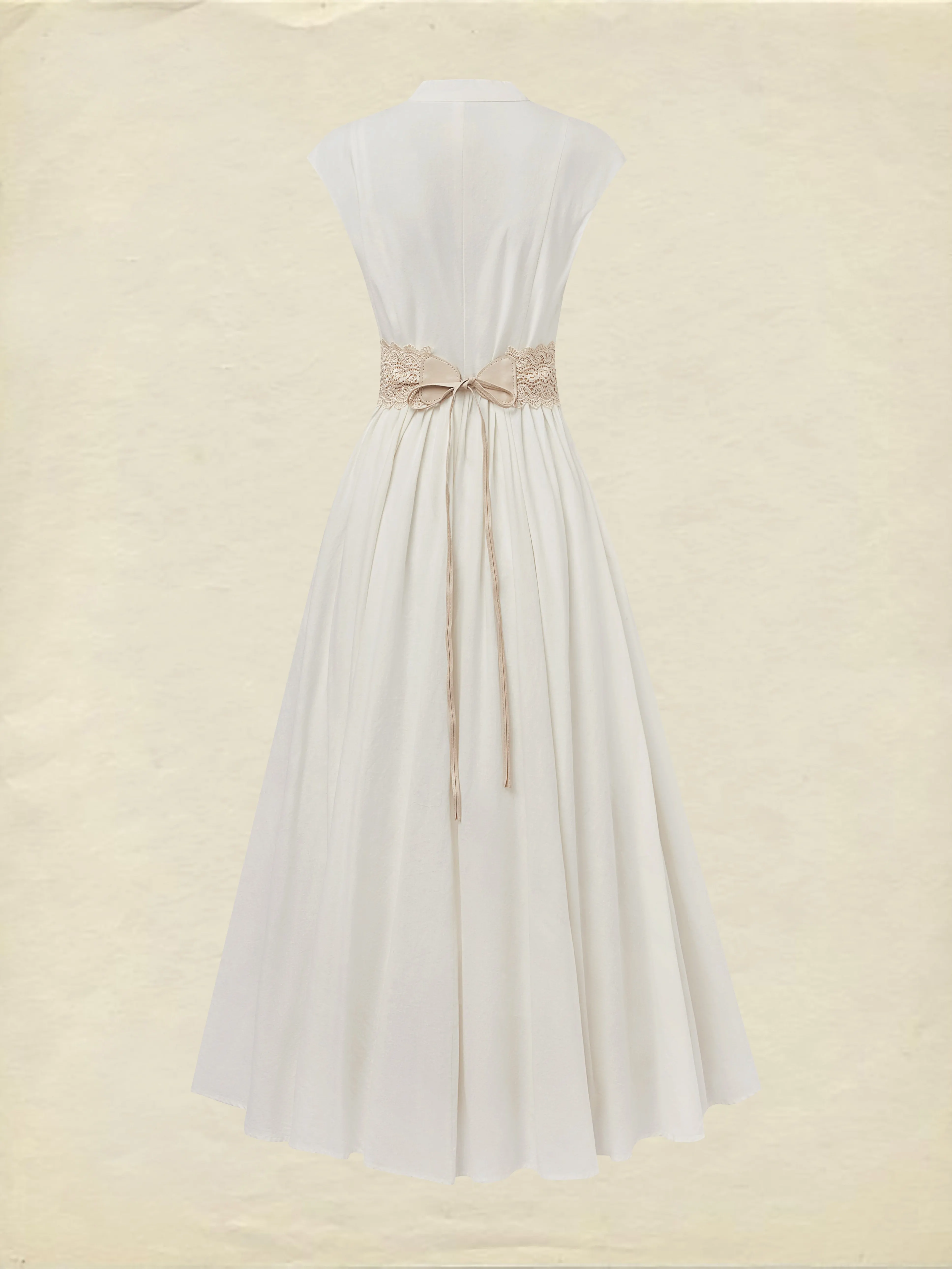Maxi Linen Dress , Cap Sleeves, V Neck, Plain, Lace, Vintage, White - White