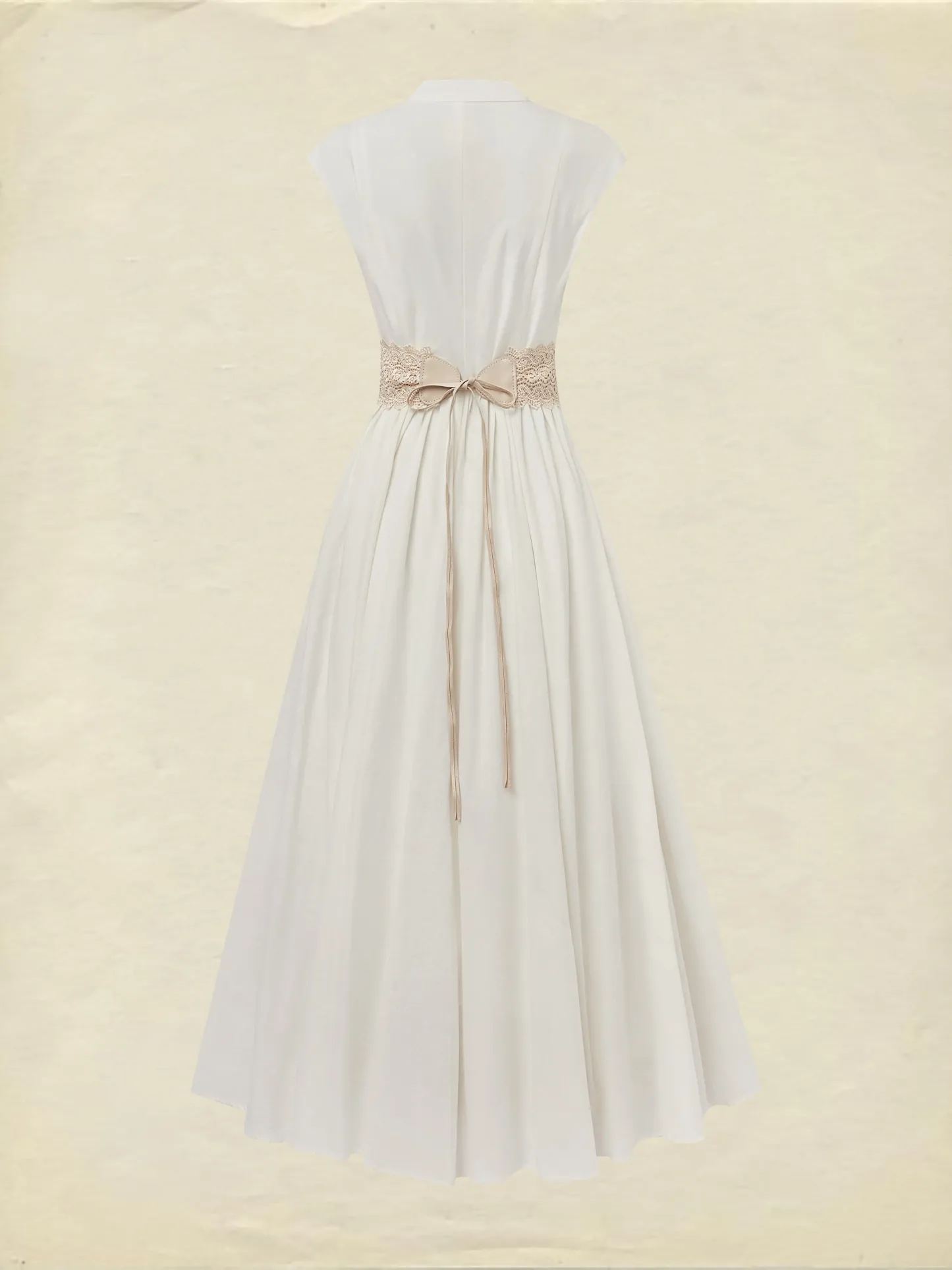 Maxi Linen Dress , Cap Sleeves, V Neck, Plain, Lace, Vintage, White - White