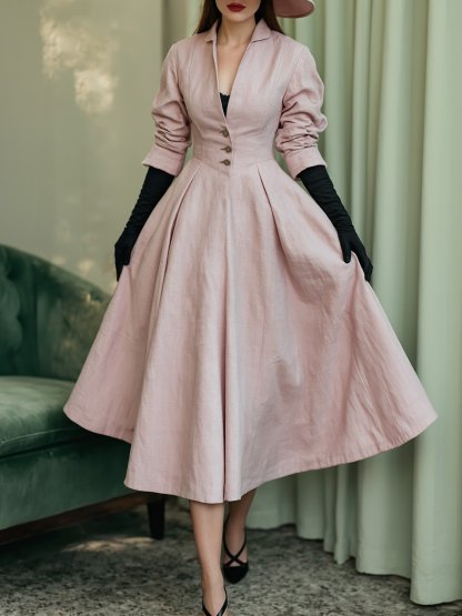 Midi Linen Dress, Long Sleeves, V Neck, Plain, Button Design, French Vintage, Light Pink - Light Pink