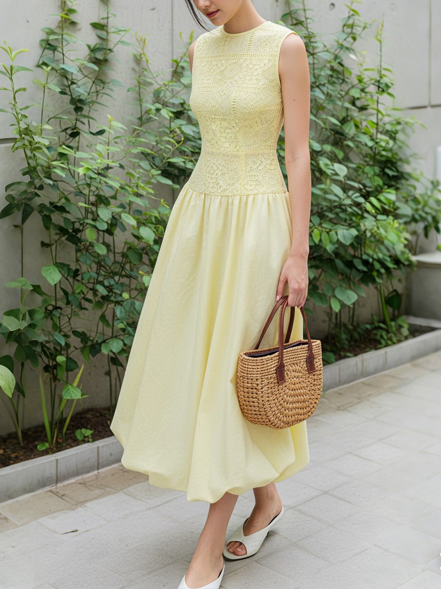Midi Cotton Dress, Sleeveless, Round Neck, Plain, Lace, French Vintage, Light Yellow - Light Yellow