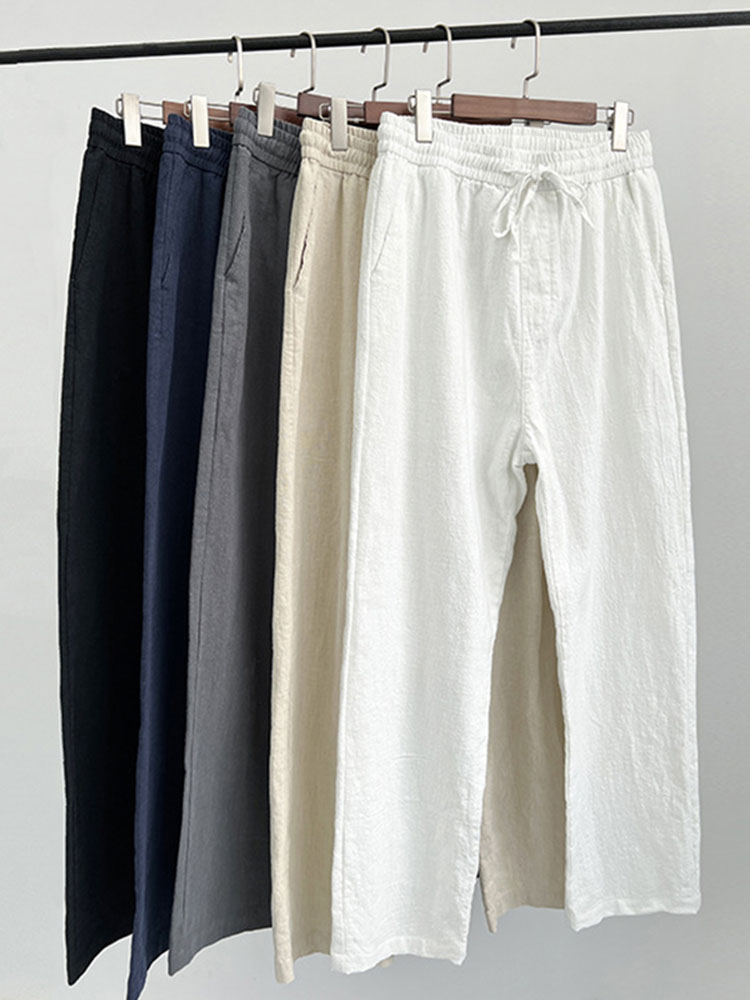 Men's Vintage Elastic Waist Drawstring Casual Cotton Linen Pants - Black