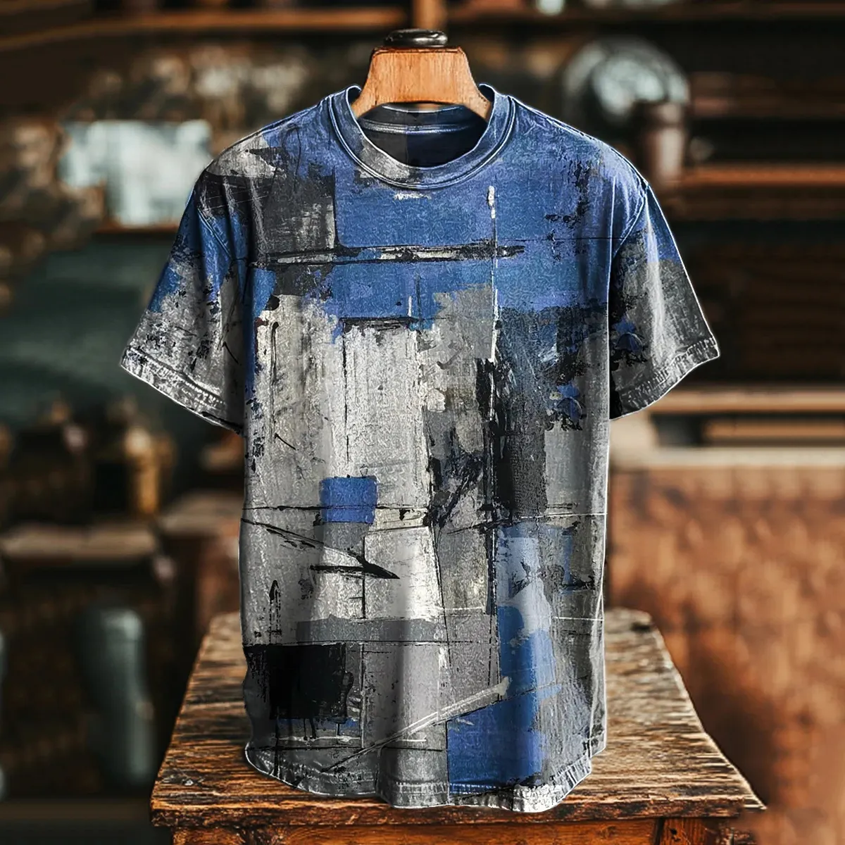 Vintage Abstract Geometric Graffiti Printed Casual Loose T-shirt - Blue