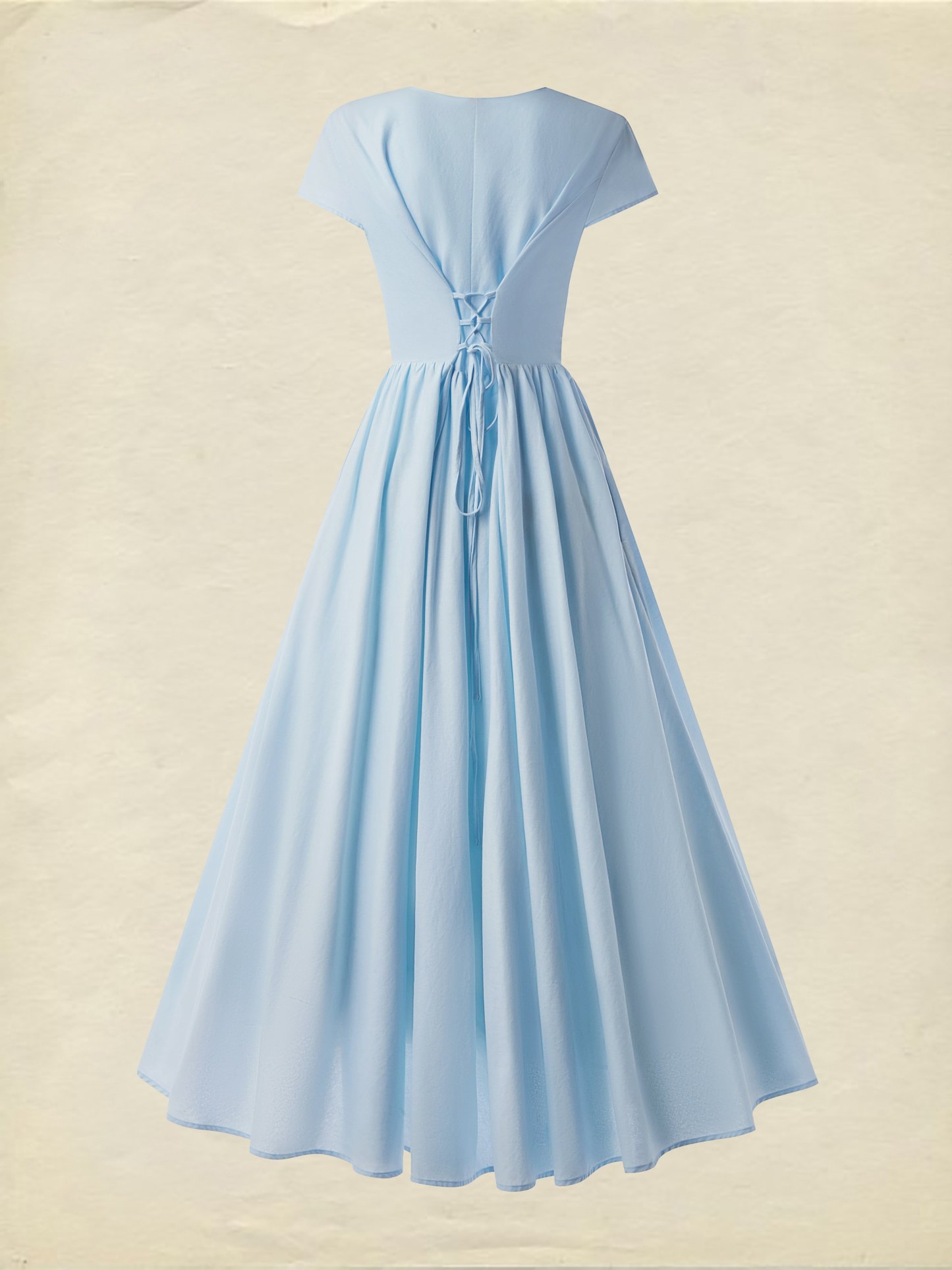 Midi Linen Dress, Short Sleeves, V Collar, Linen Blend, Plain, Renaissance - Blue