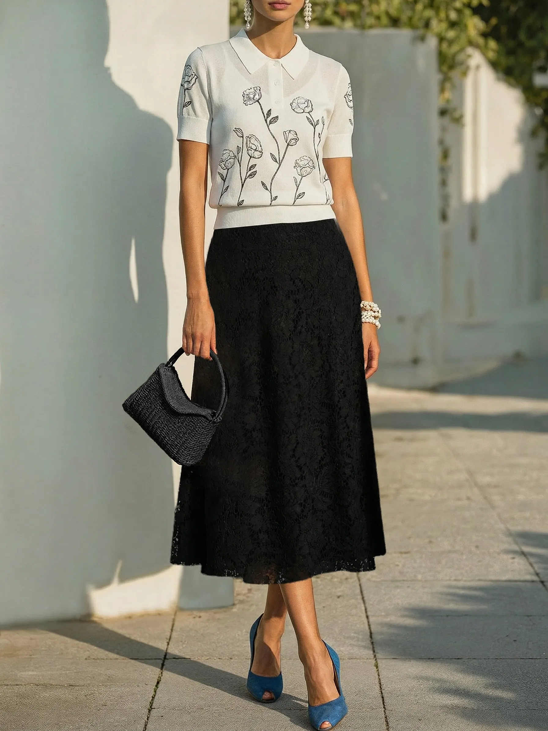 Sweater, Short Sleeves, Shawl Collar, Floral, Button Design, Inner Vest Not Included, White - White