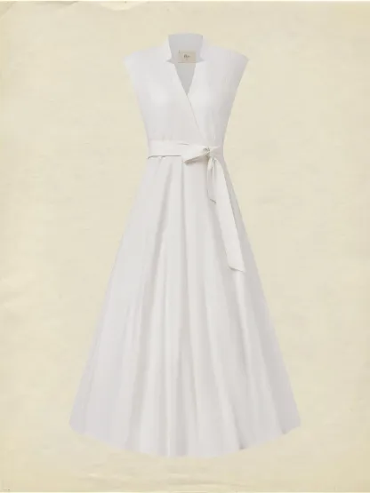 Midi Linen Dress , Sleeveless, V Neck, Plain, Belt Design, Vintage, White - White