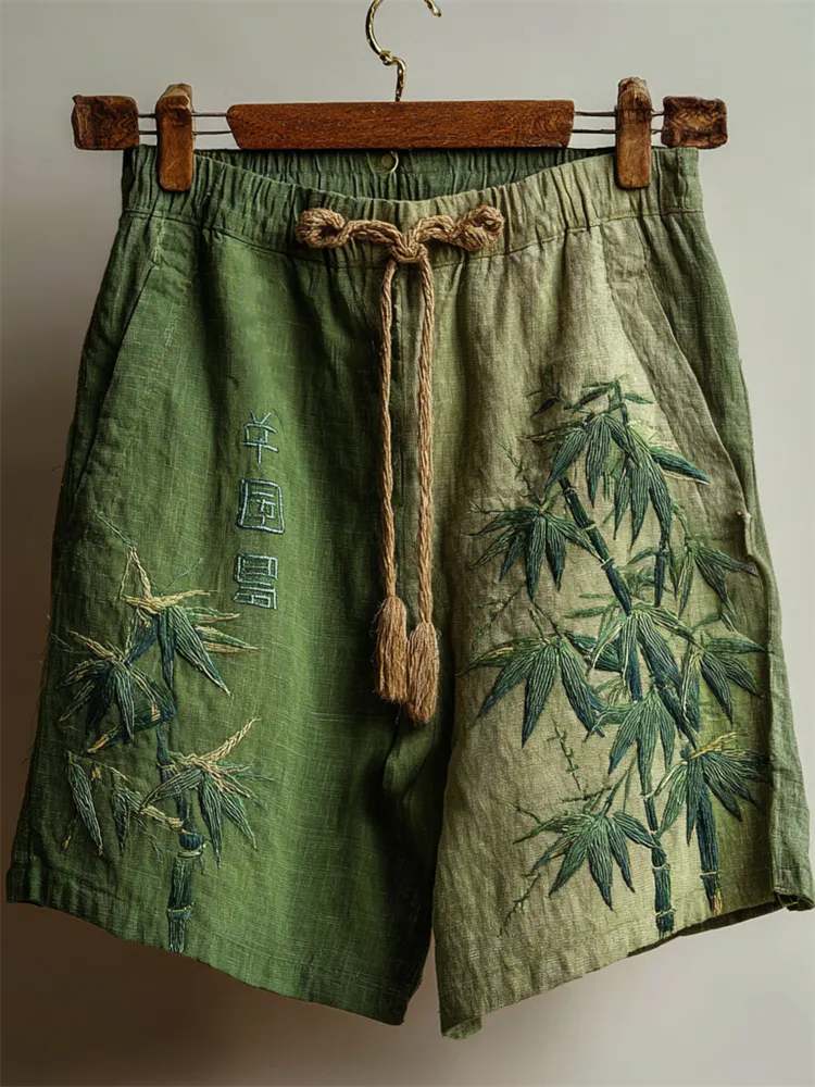Japanese Bamboo Embroidered Gradient Dyed Linen Shorts - Green