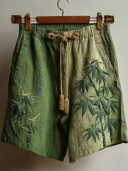 Japanese Bamboo Embroidered Gradient Dyed Linen Shorts - Green