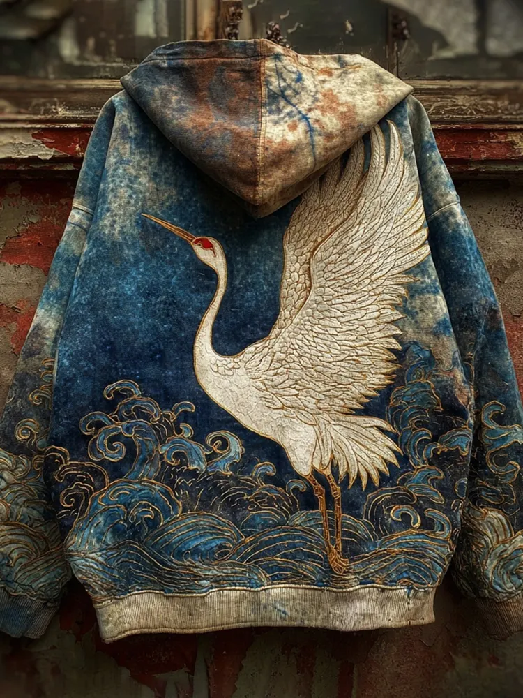 Japanese Ocean Crane Art Men's Vintage Hoodie - Blue