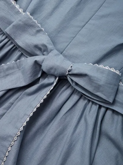Linen Midi Dress, Sleeveless, Crew Neck, Plain, Vintage, Blue - Blue