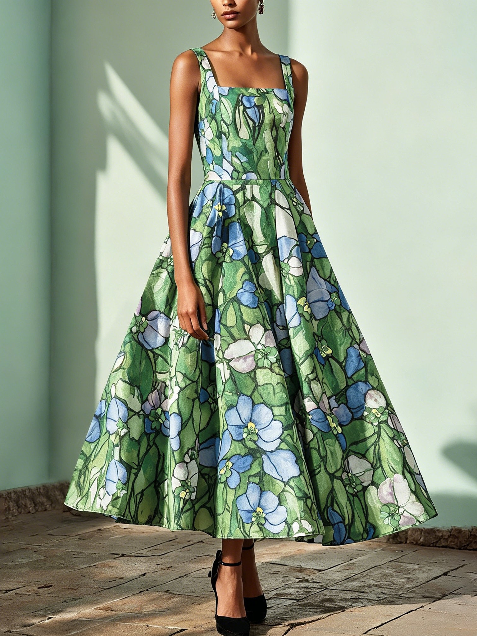 Maxi Linen Dress , Sleeveless, Square Neck, Floral, Church Glass, Vacation, Vintage, Green - Green