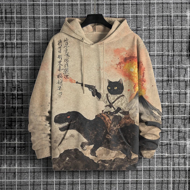 Men's Retro Calligraphy Cat Dinosaur Volcanic Eruption Art Print Hooded - Khaki