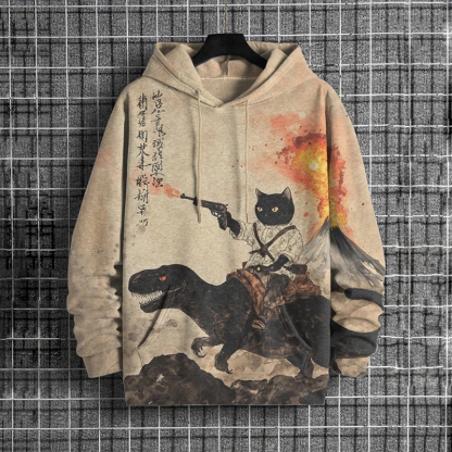 Men's Retro Calligraphy Cat Dinosaur Volcanic Eruption Art Print Hooded - Khaki