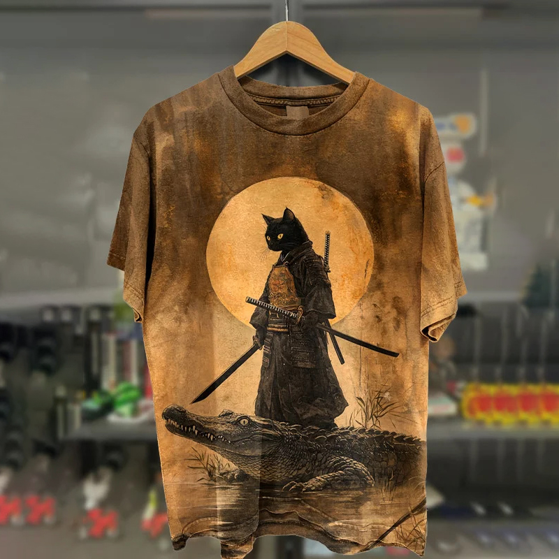 Men's Samurai Cat And Crocodile Surreal Art Print Casual T-shirt - Khaki