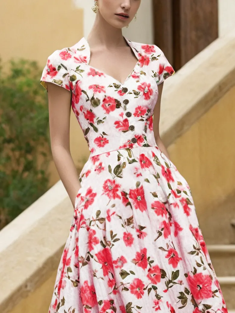 Linen Midi Dress, Short Sleeve, Sweetheart Neckline, Floral, Vintage, Red - Red