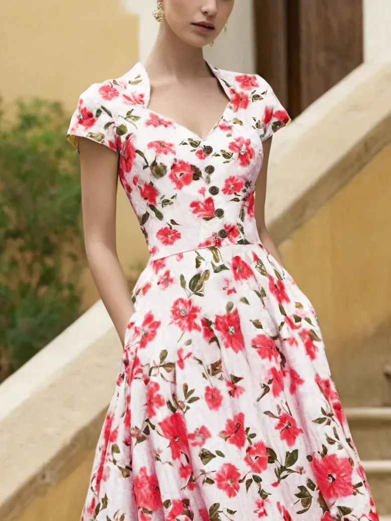 Linen Midi Dress, Short Sleeve, Sweetheart Neckline, Floral, Vintage, Red - Red