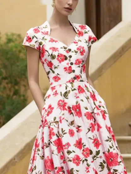 Linen Midi Dress, Short Sleeve, Sweetheart Neckline, Floral, Vintage, Red - Red