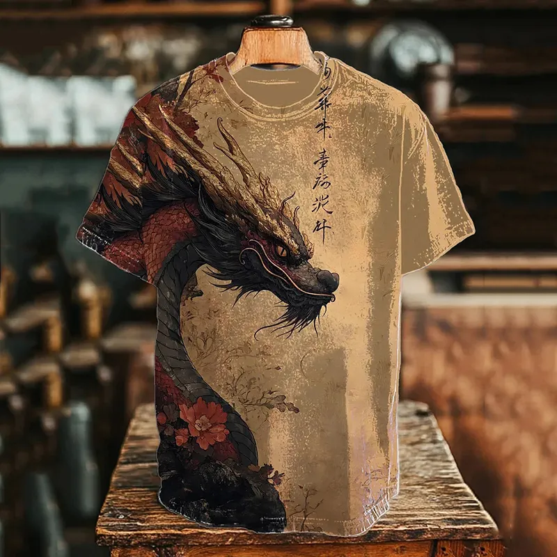 Men's Flower Dragon Chinese Calligraphy Art Print T-shirt - Khaki