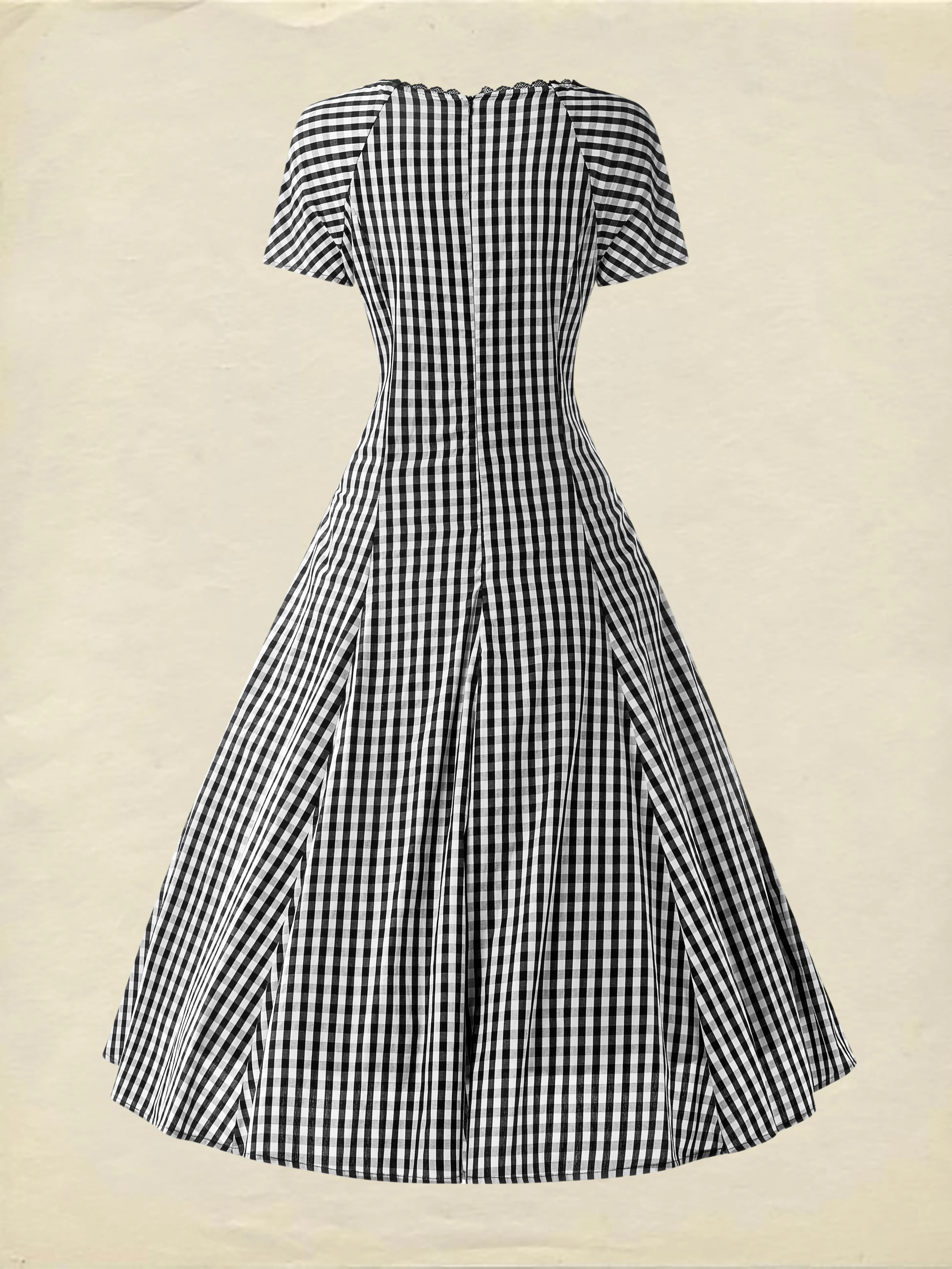 Cotton Midi Dress, Short Sleeve, Lace Collar, Plaid, Vintage, White - White