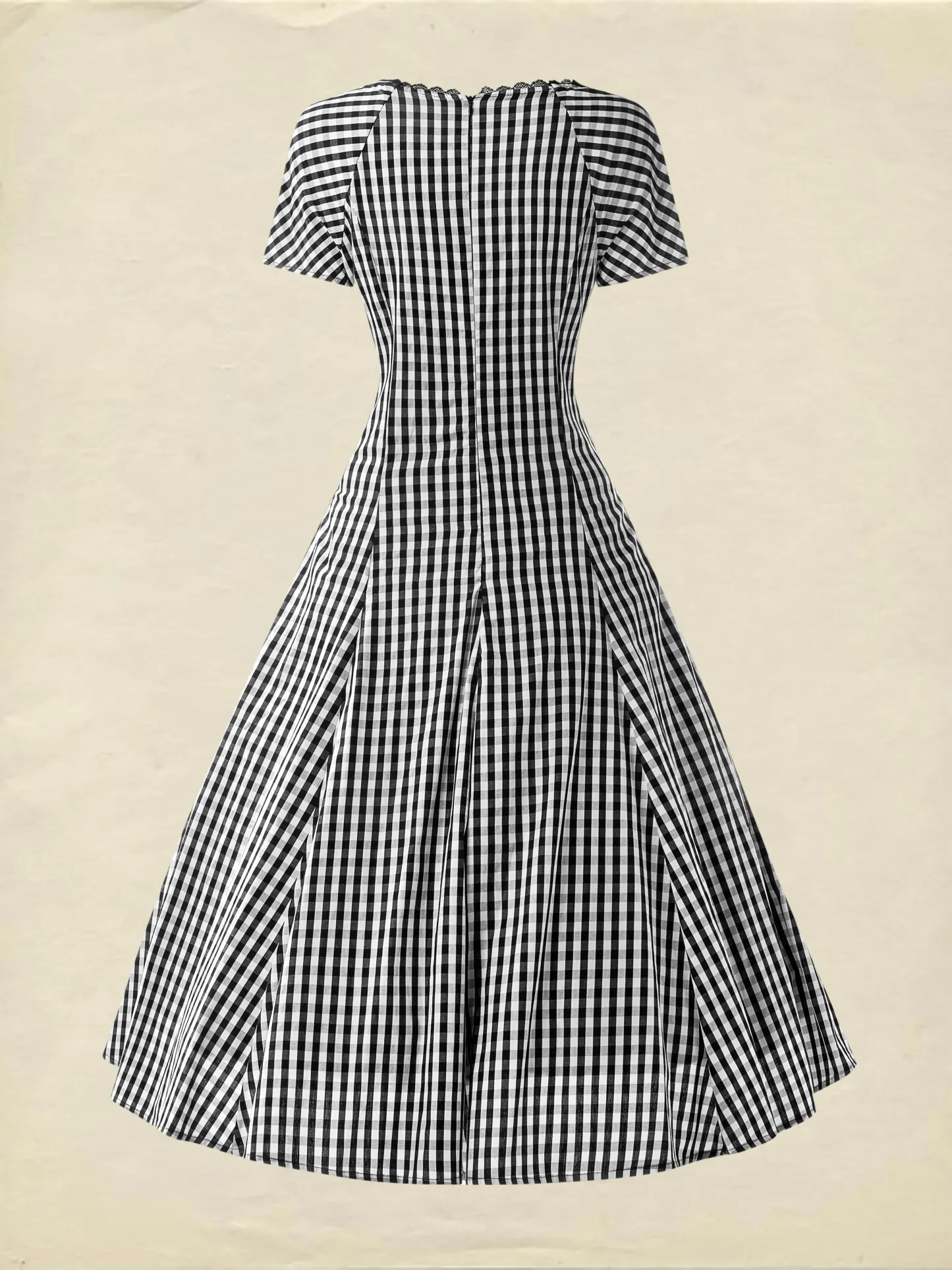 Cotton Midi Dress, Short Sleeve, Lace Collar, Plaid, Vintage, White - White