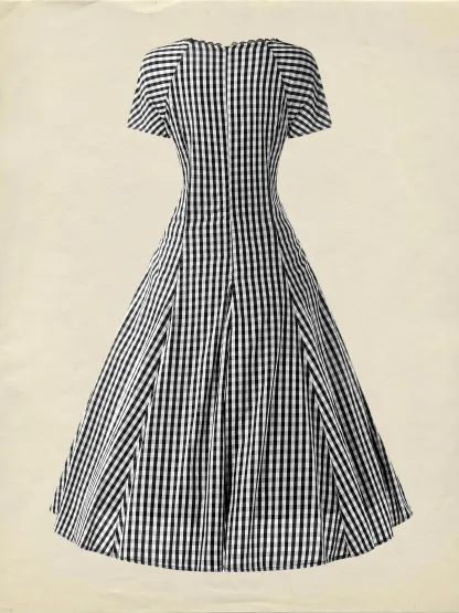 Cotton Midi Dress, Short Sleeve, Lace Collar, Plaid, Vintage, White - White