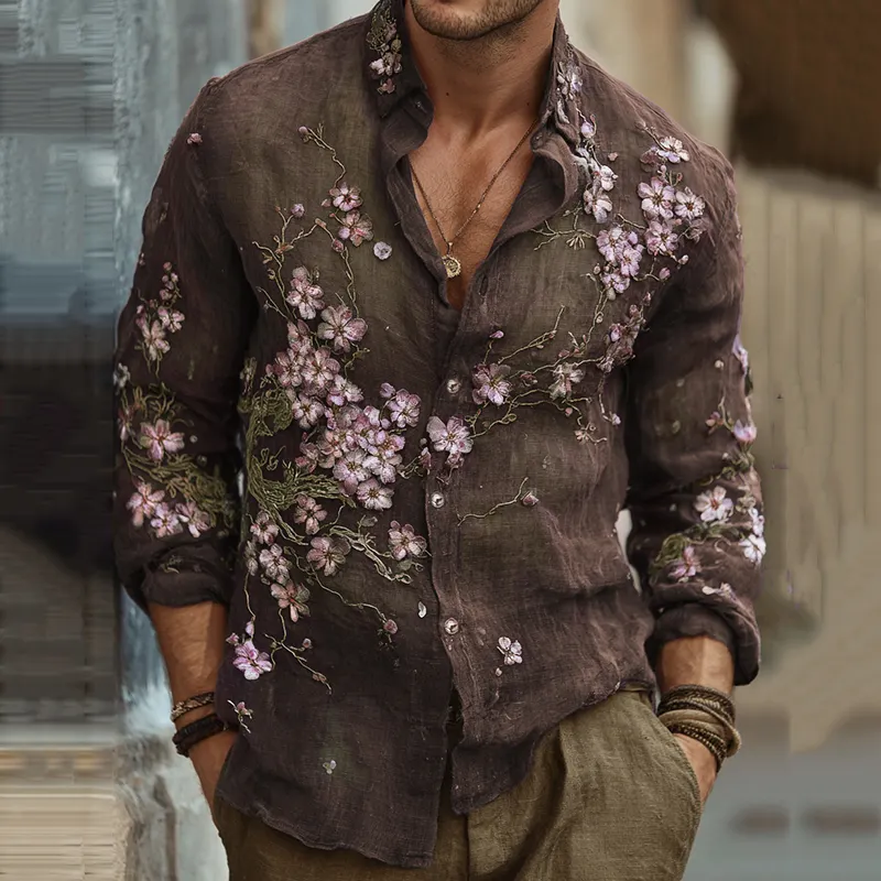 Men's Vintage Japanese Sakura Embroidered Art Lapel Long Sleeve Linen Shirt - Grey