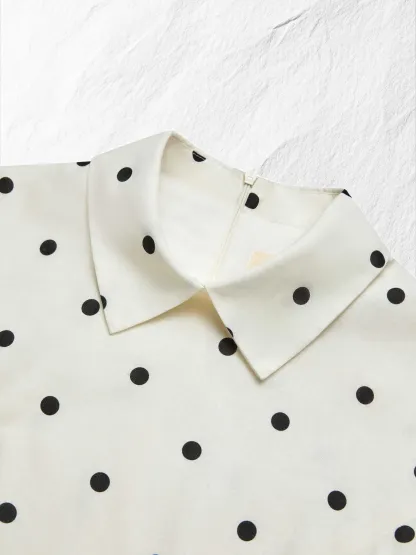 Maxi Linen Dress, Short Sleeves, Shawl Collar, Polka Dots, French Vintage, Off White - Off White