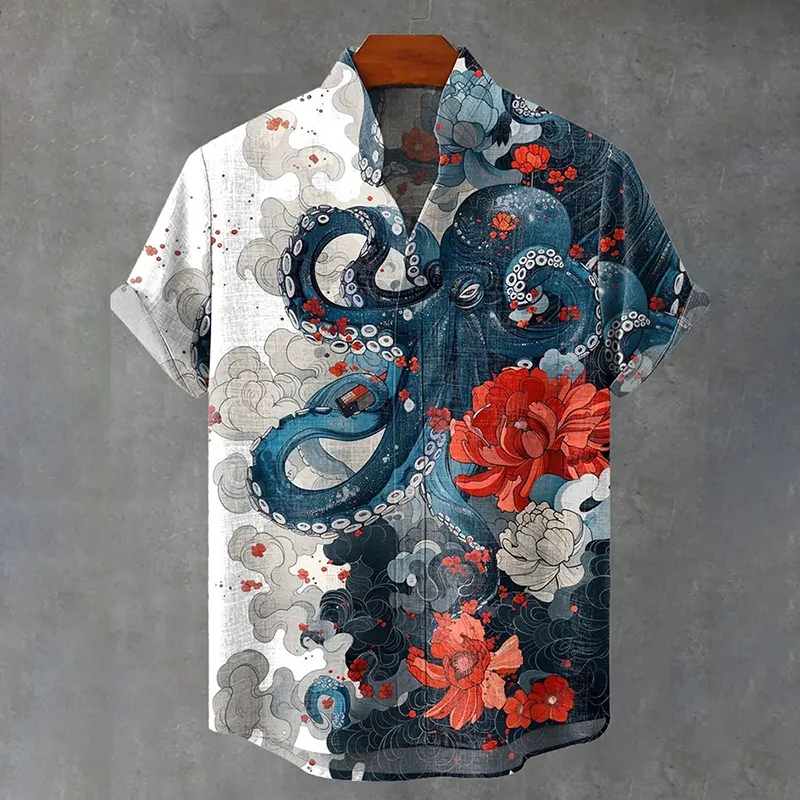 Japanese Style Ocean Octopus Flower Cloud Art Vintage Print Casual Cotton Shirt - Blue