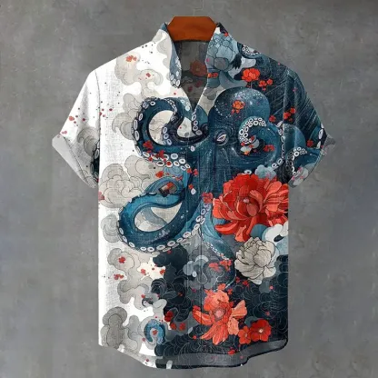 Japanese Style Ocean Octopus Flower Cloud Art Vintage Print Casual Cotton Shirt - Blue