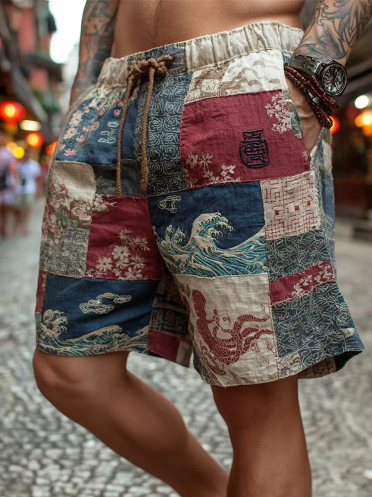 Vintage Japanese Wave Patchwork Embroidered Men's Linen Shorts - Blue