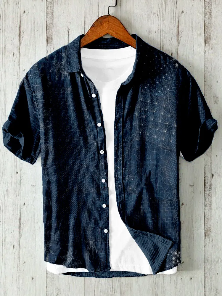 Japanese Traditional Sashiko Art Linen Blend Shirt - Black