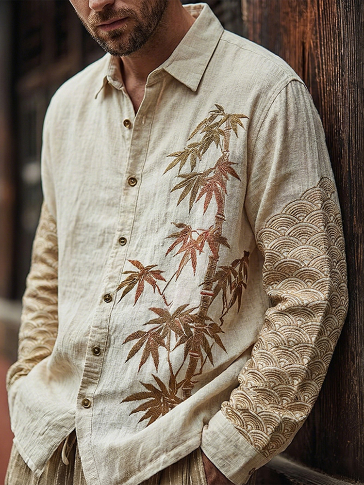 Men's Japanese Bamboo Art Print Long Sleeve Shirt - Beige
