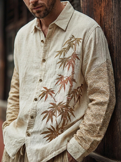 Men's Japanese Bamboo Art Print Long Sleeve Shirt - Beige