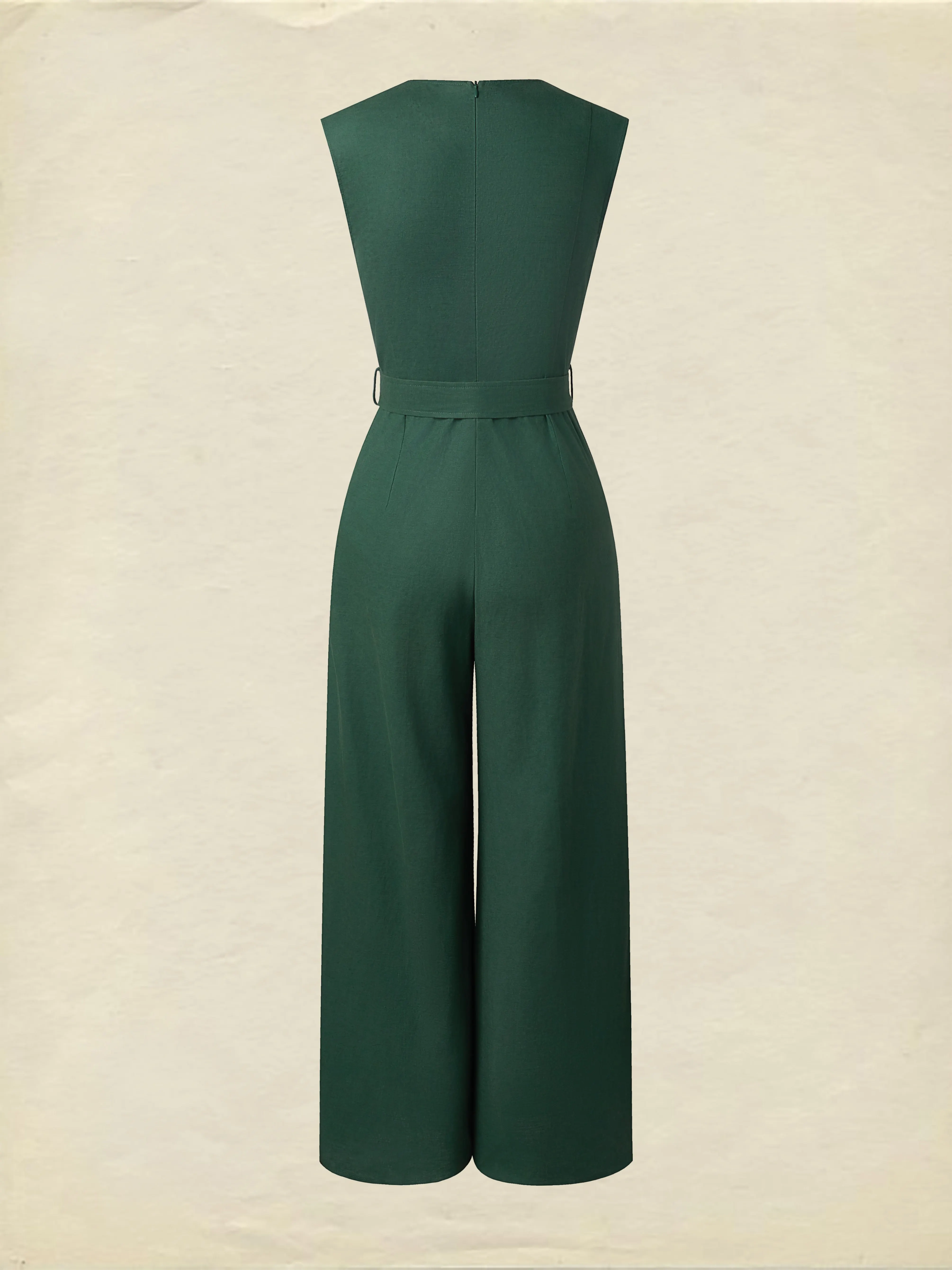 Linen Jumpsuit , Sleeveless, V Neck, Plain, Button Design, Vintage, Green - Green