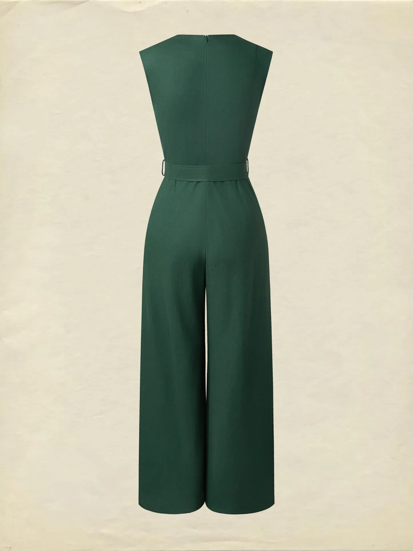 Linen Jumpsuit , Sleeveless, V Neck, Plain, Button Design, Vintage, Green - Green