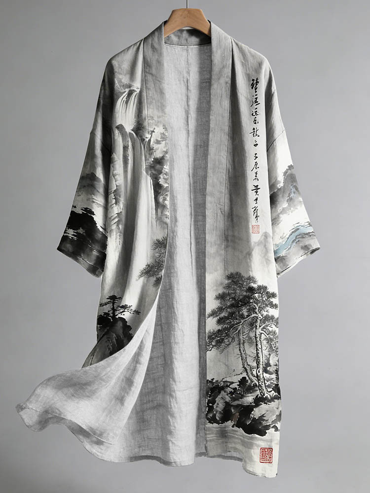 Men's Retro Landscape Painting Art Linen Long Kimono - Grey