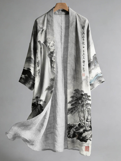 Men's Retro Landscape Painting Art Linen Long Kimono - Grey