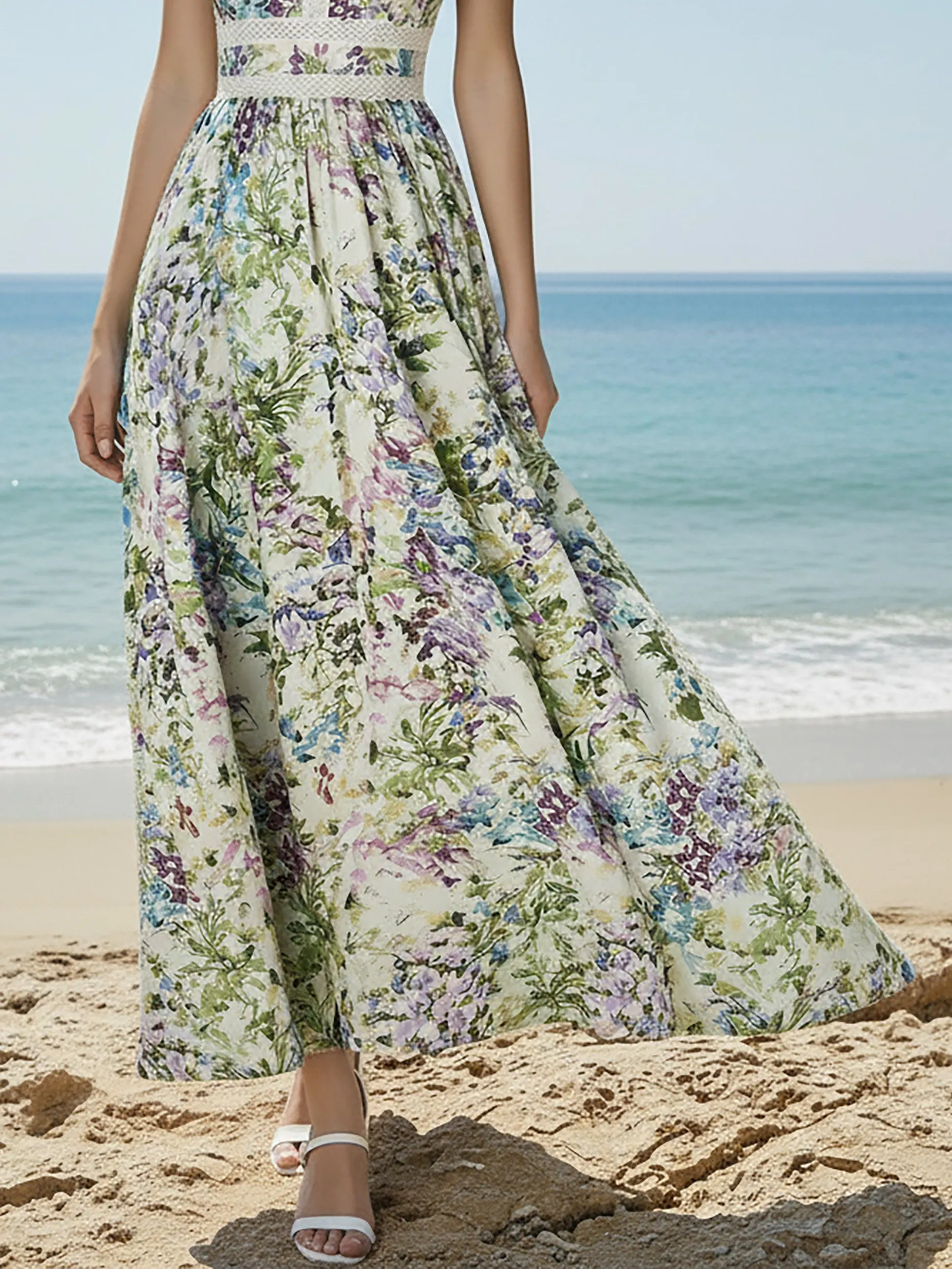 Maxi Linen Dress, Cap Sleeves, V Neck, Floral, Lace, Vacation, Vintage, White - White