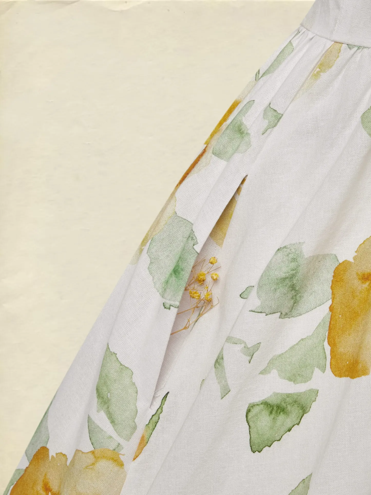 Linen Midi Dress, Short Sleeve, Floral, Vintage, White - White