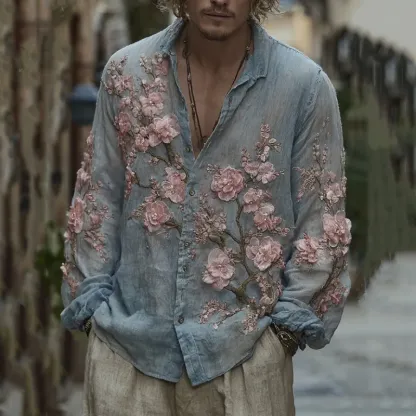 Men's Vintage Cherry Blossom Embroidered Flowy Linen Shirt - Blue