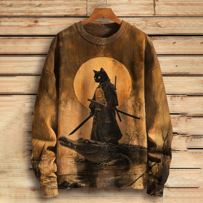 Men's Samurai Cat And Crocodile Surreal Art Print Casual Sweatshirt - Khaki