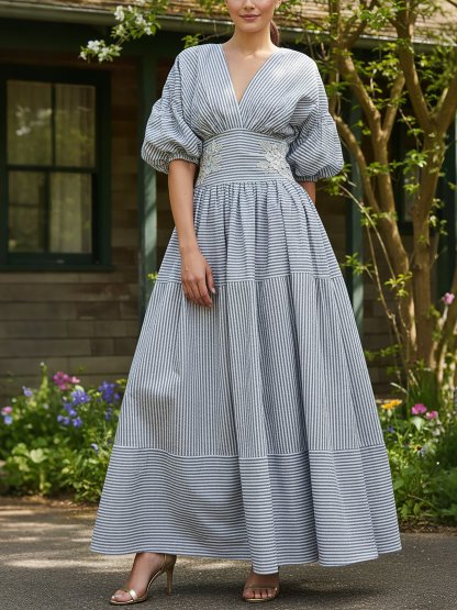 Maxi Cotton Dress, Half Sleeve, V Neck, Plaid, Lace, Vintage, Blue - Blue
