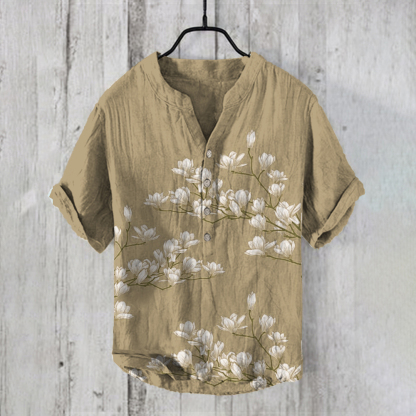 Vintage Japanese Magnolia Flower Casual Linen Blend Shirt - Blue